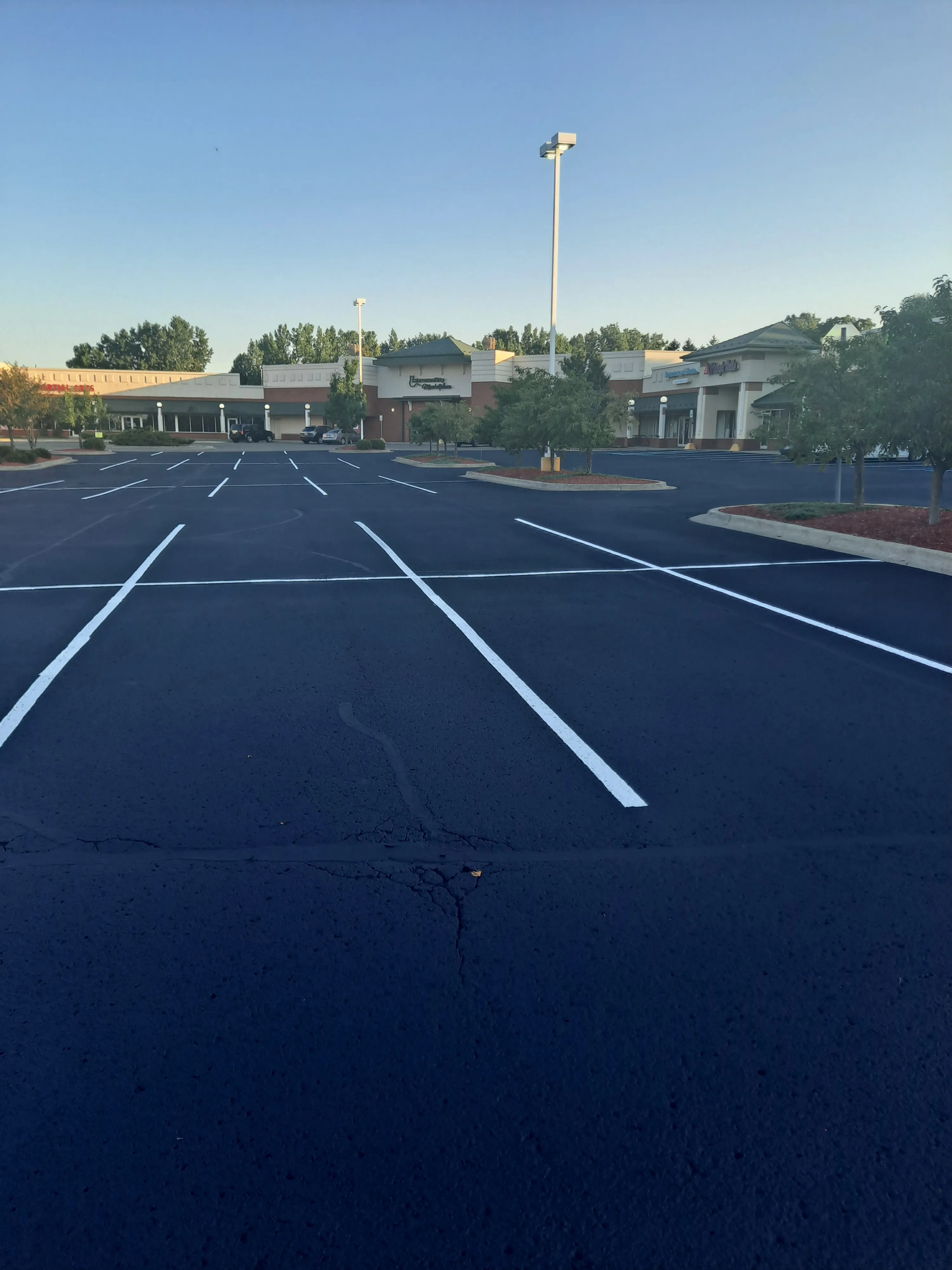 Freshly sealcoated and striped commercial parking lot